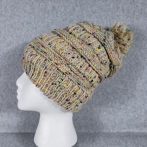 REDESS Speckled Knit Pom Beanie Hat Cream Multi Color Flecks Winter Warm Lined